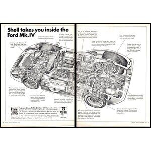 1967 Shell Motor Oil Ford Mk IV Cutaway Drawing 2 Page Vintage Print Ad Wall Art